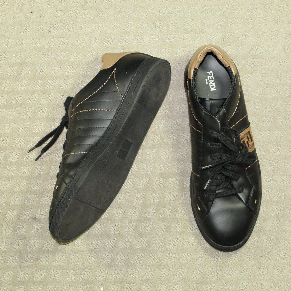 Fendi Black Leather Low Brown Striped Logo Sneakers Men's 9 COA